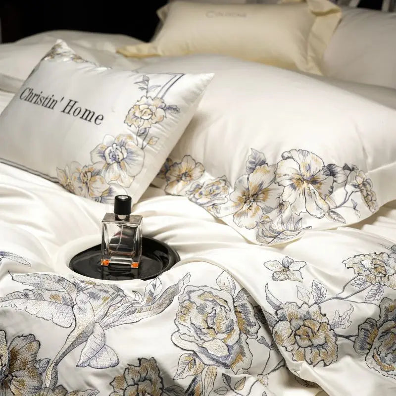 Afralia™ Luxe Embroidered Cotton Bedding Set: Duvet Cover, Pillowcases, Flat Sheet