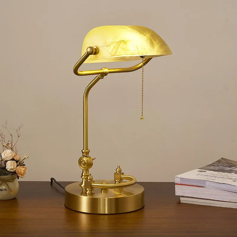 Afralia™ Vintage Metal Wood Bank Table Lamp Green Lampshade Art Decor Home Bedroom