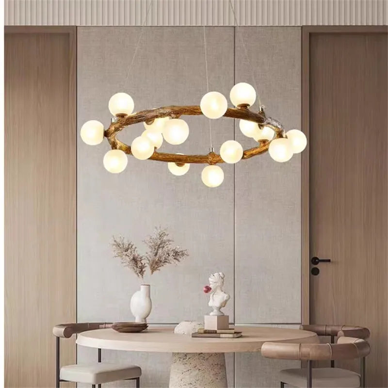 Afralia™ Nordic Wooden Chandelier Ring with Milky White Glass Light