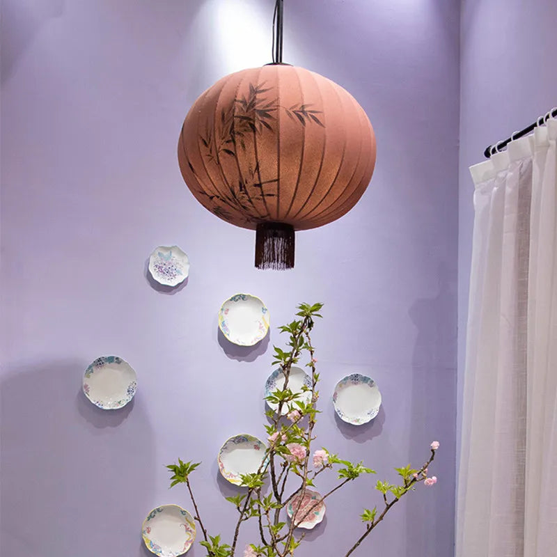 Afralia™ Handmade Japanese Lantern Painting Pendant Lamp Fabric Chandelier