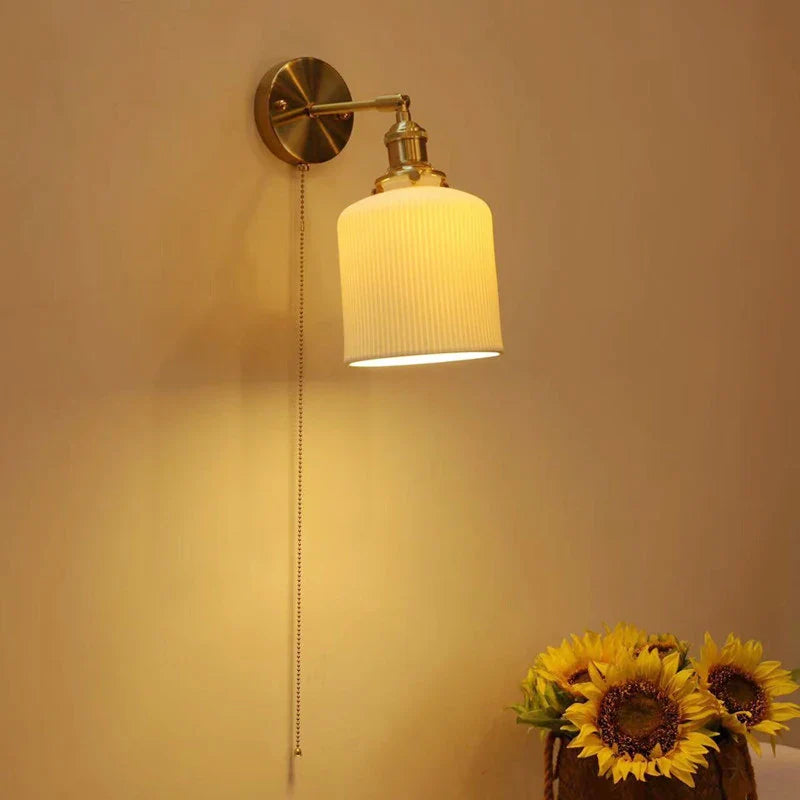 Afralia™ Ceramic Sconce Lamp, Vintage Brass Wall Light, Modern Minimalist Bedside Reading Lamp