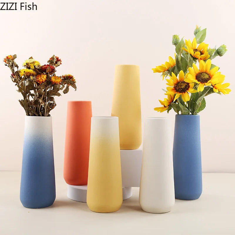 Afralia™ Gradient Ceramic Vase Cylinder Desk Decoration Floral Vases Modern Room Decor