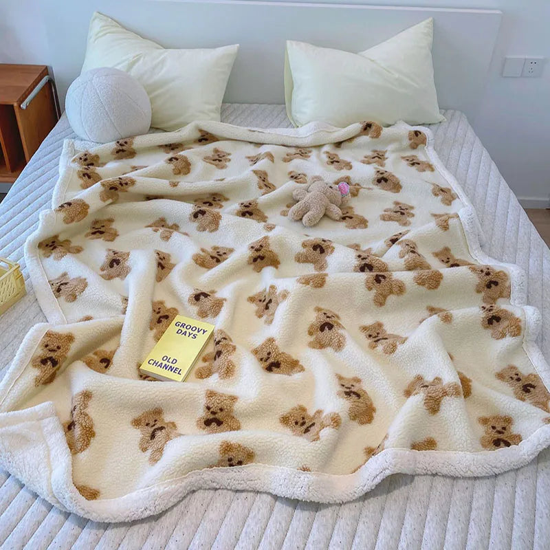 Afralia™ Little Bear Lamb Plush Blanket, Double Layered Warm Fleece Cover