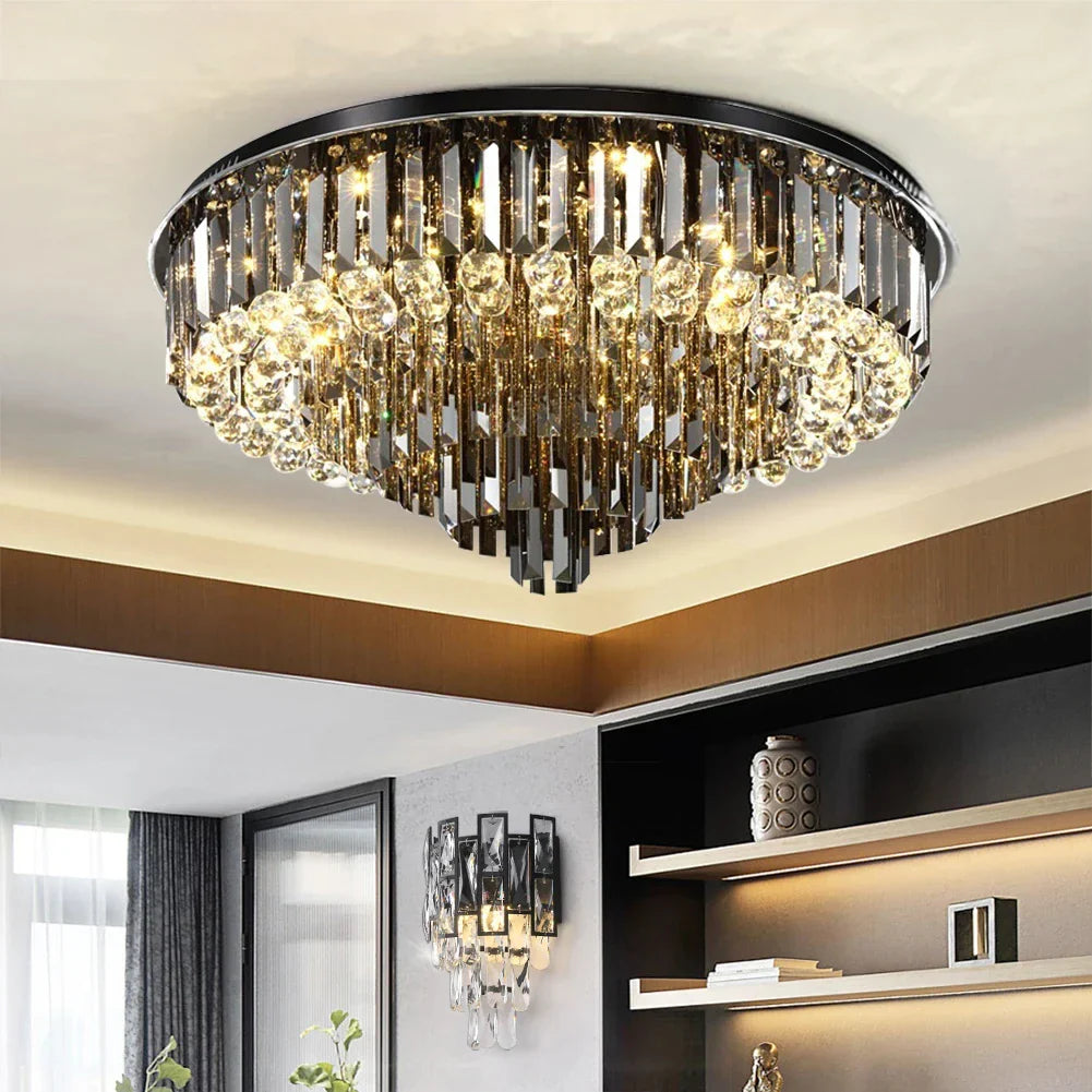 Afralia™ Round Crystal Ceiling Chandelier - Modern Black Gold Living Room Lighting