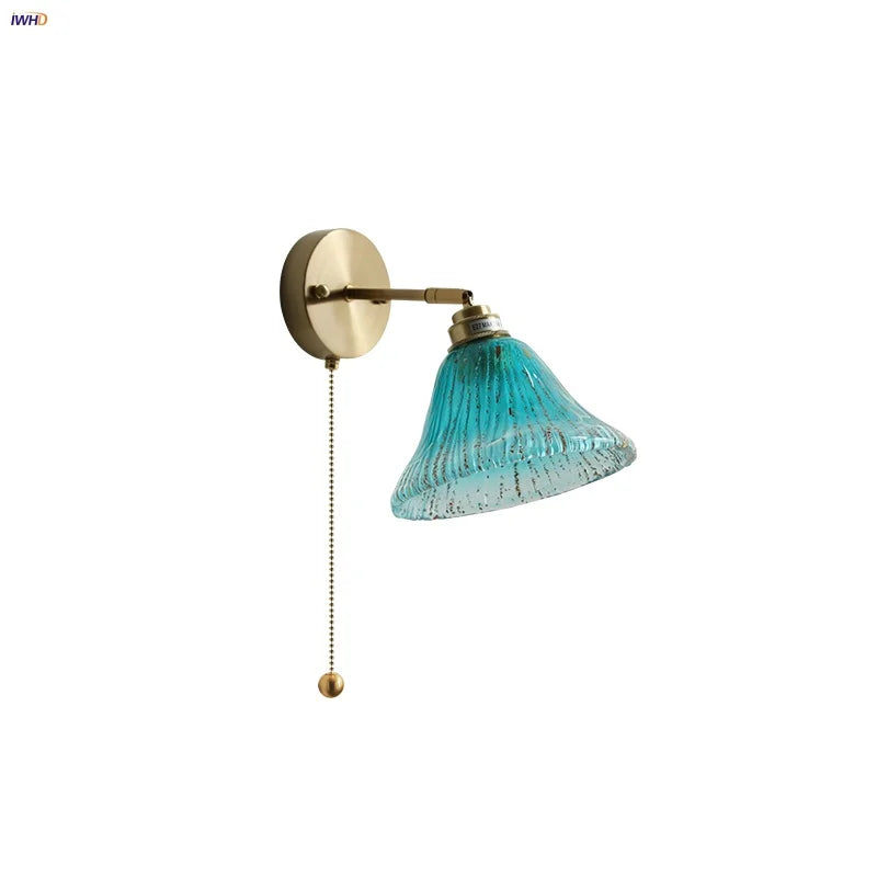 Afralia™ Blue Glass Wall Sconce Pull Chain Switch Rotate Stair Light