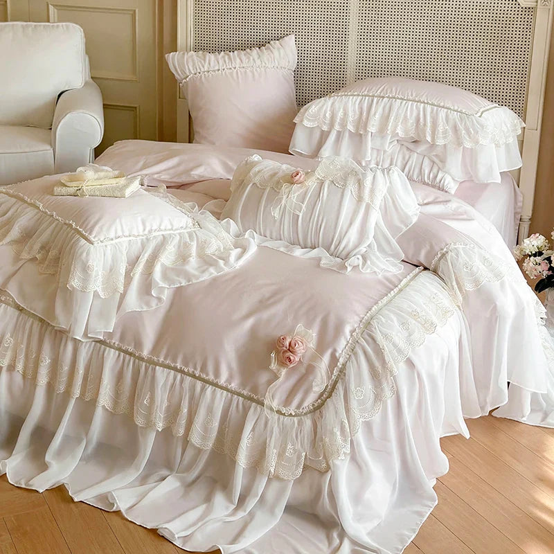 Afralia™ Luxe Pink Lace Ruffles Wedding Bedding Set 4Pcs