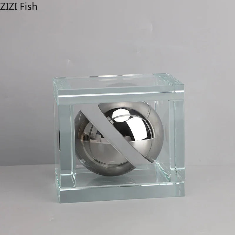 Afralia™ Geometric Silver Block Crystal Ball Desk Decoration - Modern Abstract Art Room Decor