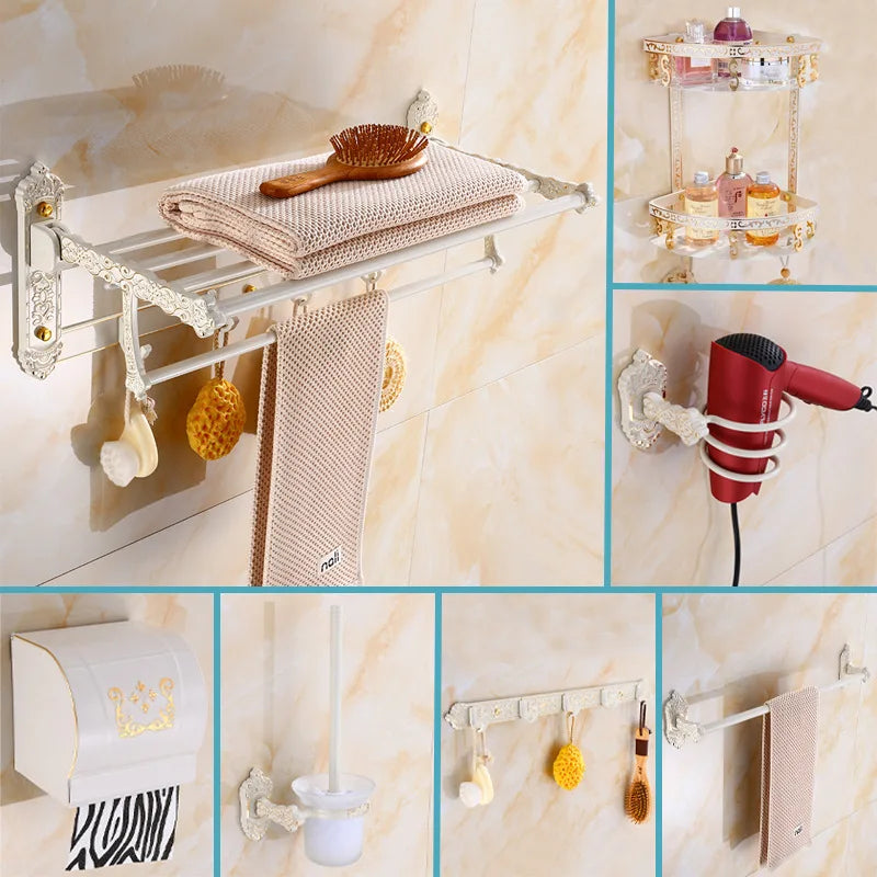 Afralia™ White Gold Bathroom Accessories Set: Shelf, Towel Rack, Paper Holder, Hooks, Toilet Brush Holder