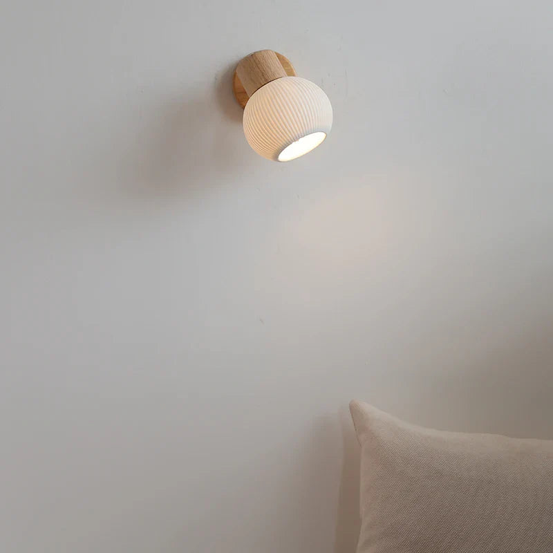 Afralia™ Ceramic LED Wall Lights with Pull Chain Switch, Modern Wood Base Bedside Lamp