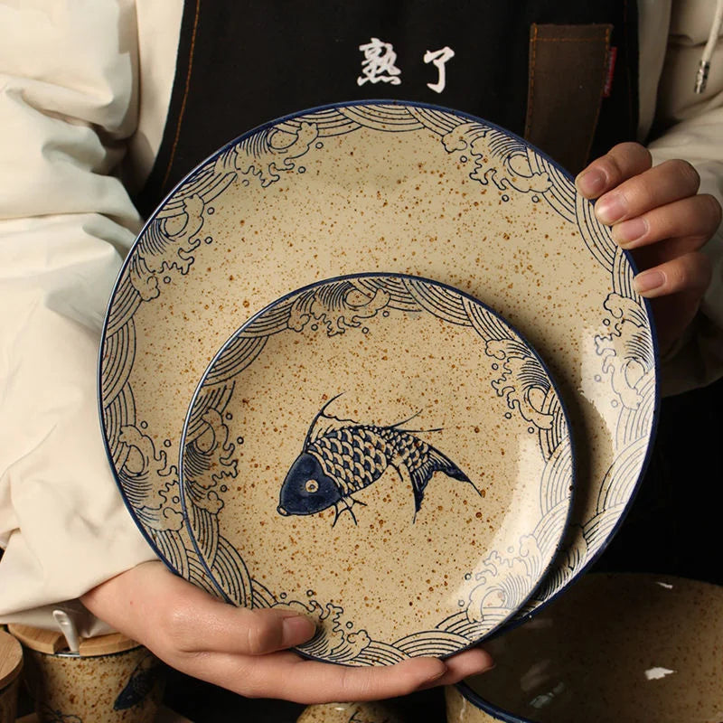 Afralia™ Japanese Fish Print Ceramic Tableware - Special-shaped Large Dinner Plate Set