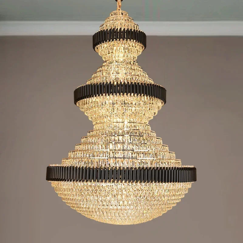 Afralia™ Luxury Crystal Staircase Chandelier: Elegant Lighting for Villa, Lobby, Hotel - Black Stainless Steel