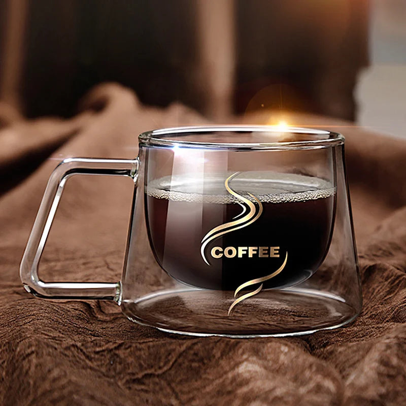Afralia™ Glass Double Wall Coffee Mug with Handle, 200ml Heat-resistant Espresso Cup
