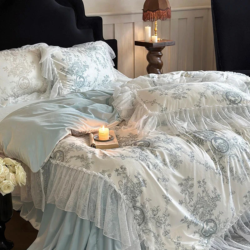 Afralia™ French Lace Ruffles Princess Bedding Set with Milk Velvet Quilt Cover & Pillowcases