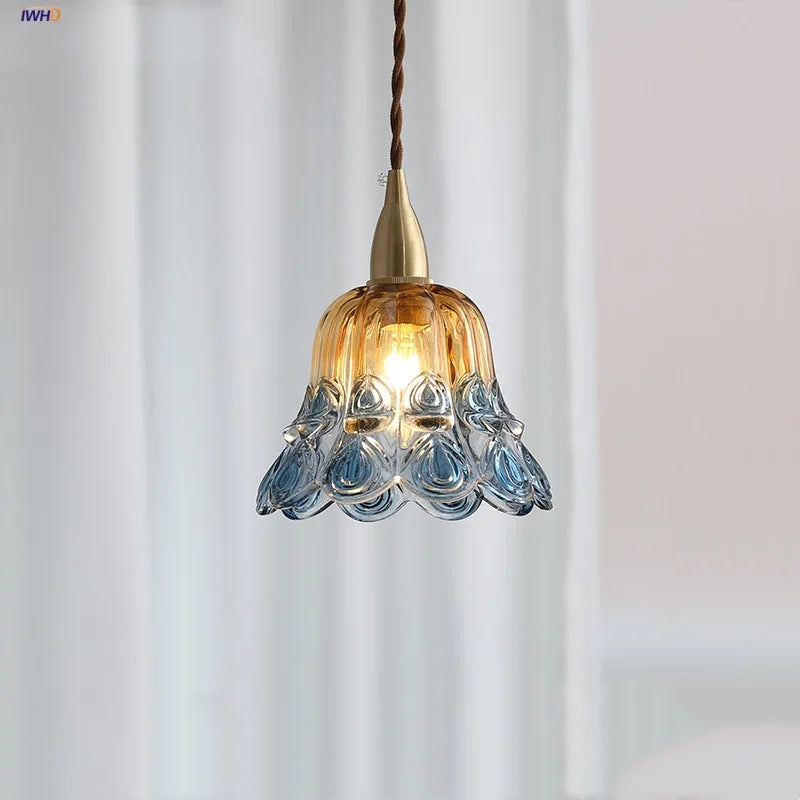 Afralia™ Copper Socket LED Pendant Light with Phenix Glass Shade, Adjustable Hanging Lamp