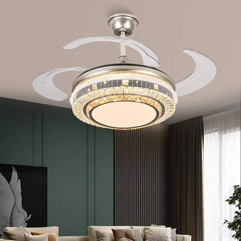Afralia™ Gold Crystal Retractable Blades Modern LED Ceiling Fan 42" Smart Lightning