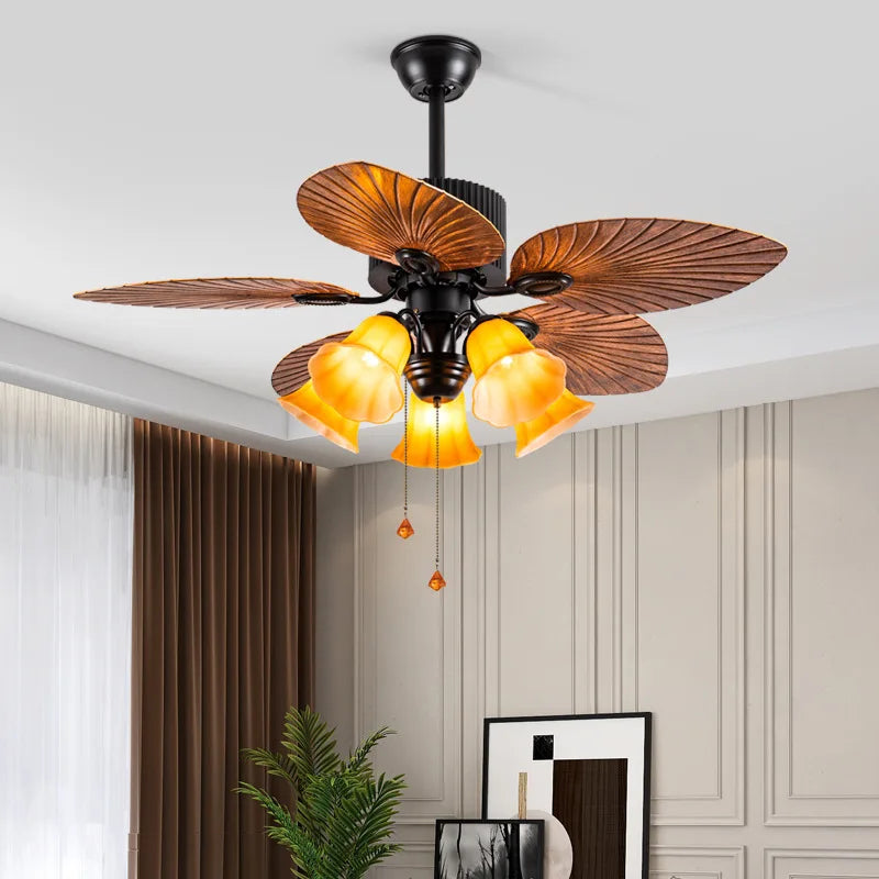 Afralia™ Retro Palm Leaf Ceiling Fan with Strong Power and Pendant Light