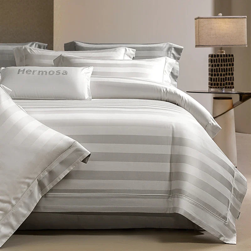 Afralia™ Silky Satin Jacquard Egyptian Cotton Bedding Set incl. Duvet, Sheet, Fitted Sheet & Pillowcases