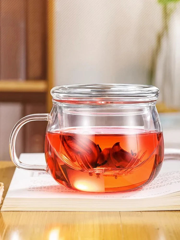 Afralia™ Glass Floral Tea Cup with Handle, Filter & Lid