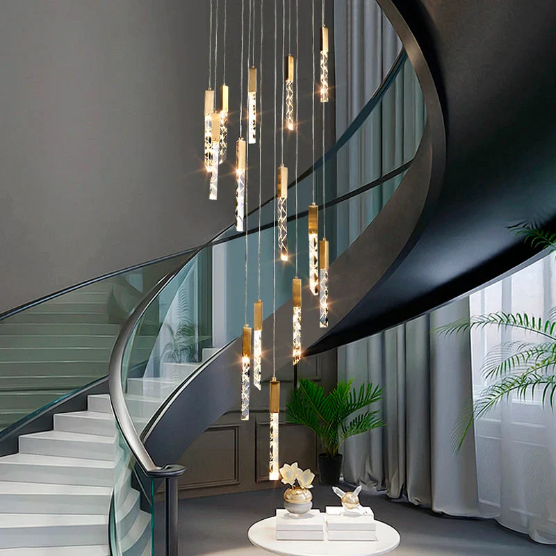 Afralia™ Gold Crystal Stairs Chandelier Luxe LED Pendant Light Luxury Indoor Lighting