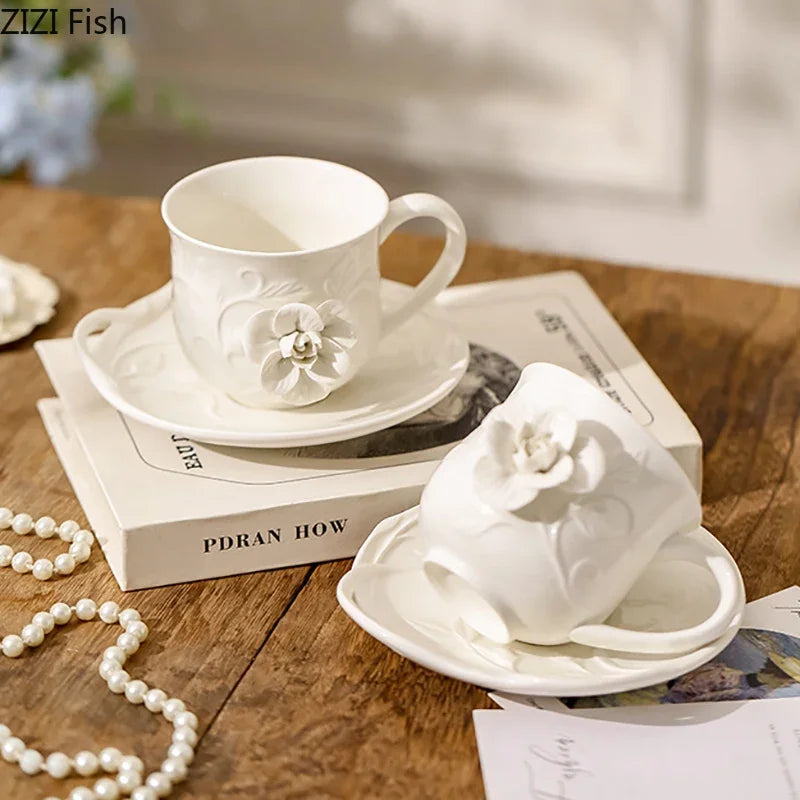 Afralia™ Relief Floral Patterns Porcelain Coffee Mug Set - Elegant Tea and Juice Cup