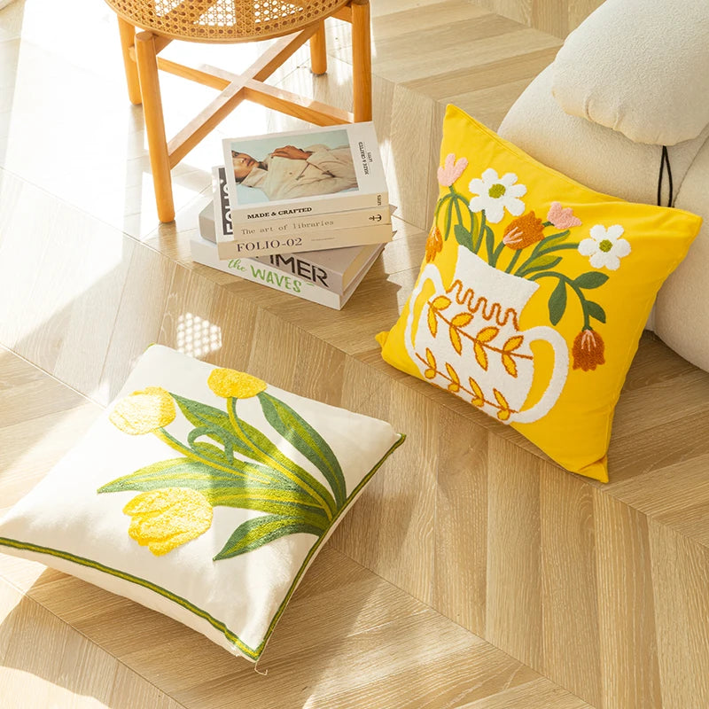 Afralia™ Elegant Yellow Vase Flower Cushion Cover - 45x45cm