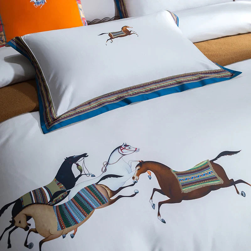 Afralia™ Galloping Horse Luxury Bedding Set 1400TC Egyptian Cotton Duvet Cover Sheet Pillowcases