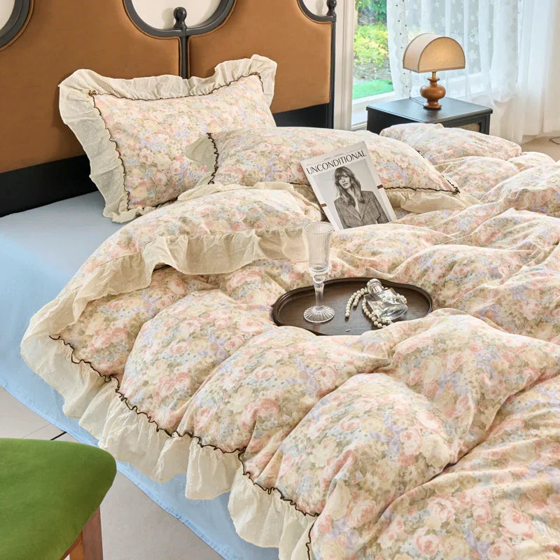 Afralia™ Vintage French Floral Lace Ruffles Bedding Set - 4Pcs