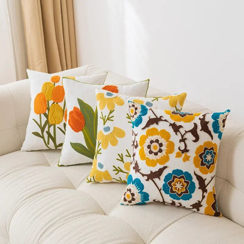 Afralia™ Wildflower Embroidered Pillow Cases: Decorative Cotton Canvas Cushion Cover for Home