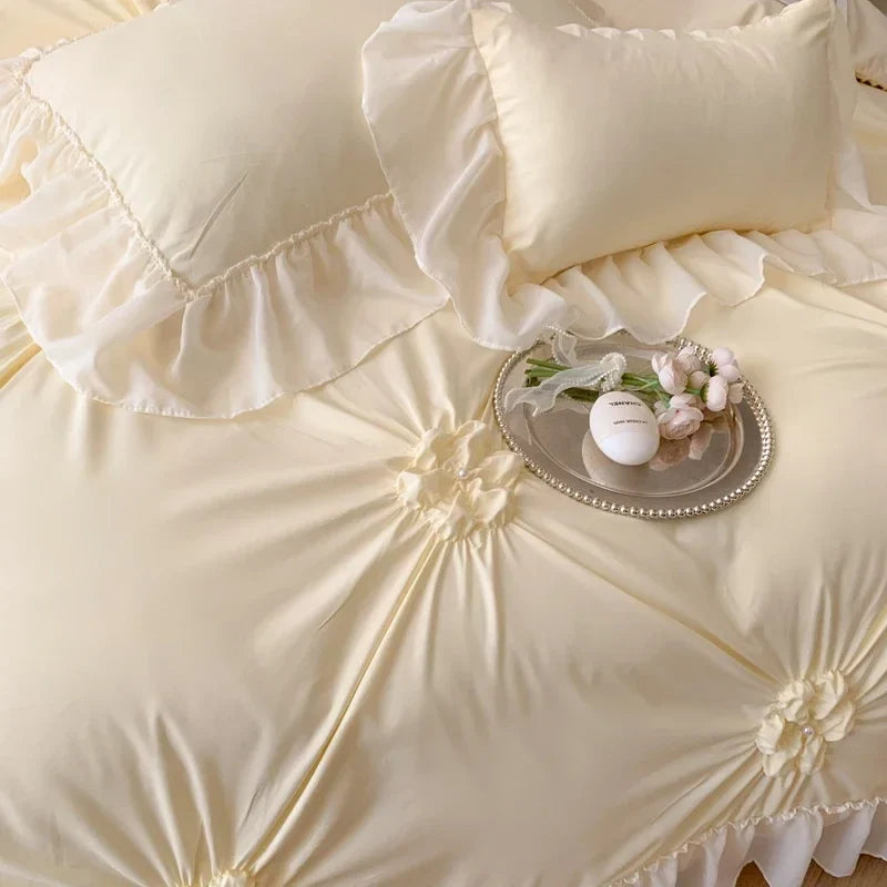 Afralia™ Lace Princess Bedding Set: Romantic Ruffles & Bow Duvet Cover, Sheet, Pillowcases