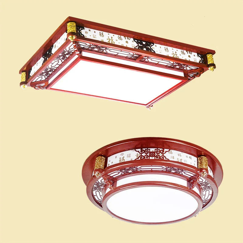 Afralia™ Red Wood LED Ceiling Light: Vintage Chinese Round Acrylic Lamp for Home Decor