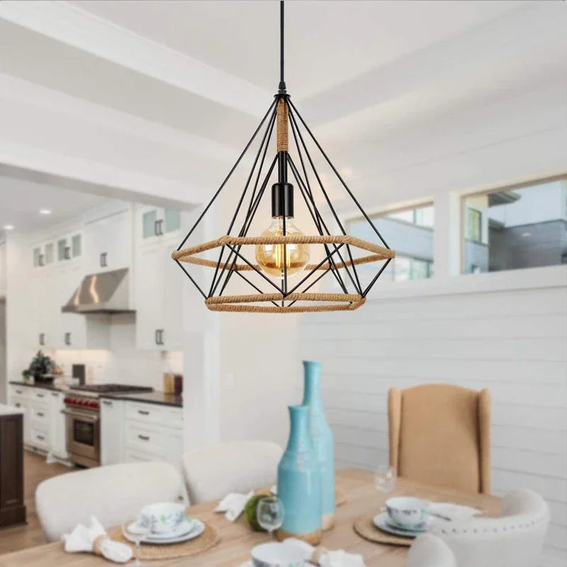 Afralia™ Vintage Decor Chandelier - American Country Hemp Rope Diamond Iron Cage Pendant Lights