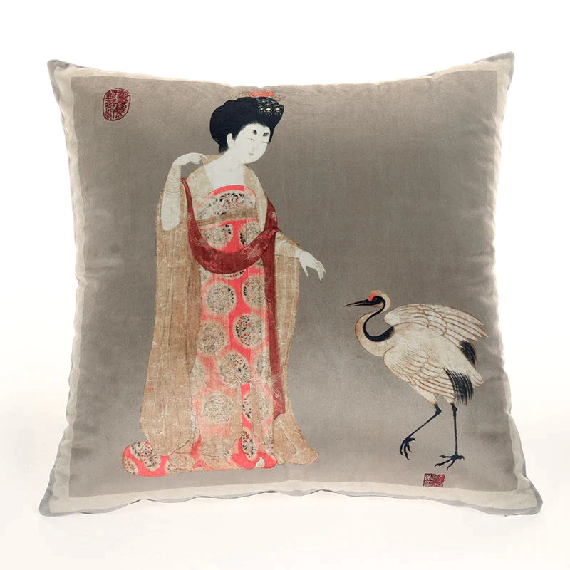 Afralia™ Ancient Chinese Beauty Girl Velvet Satin Throw Pillow Cover 45x45cm