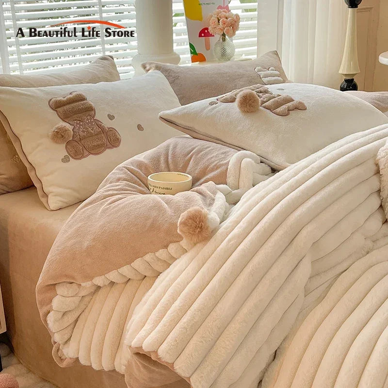Afralia™ Rabbit Velvet Bedding Set: Single Queen King Size Plush Duvet Cover, Bed Sheet, Pillowcases