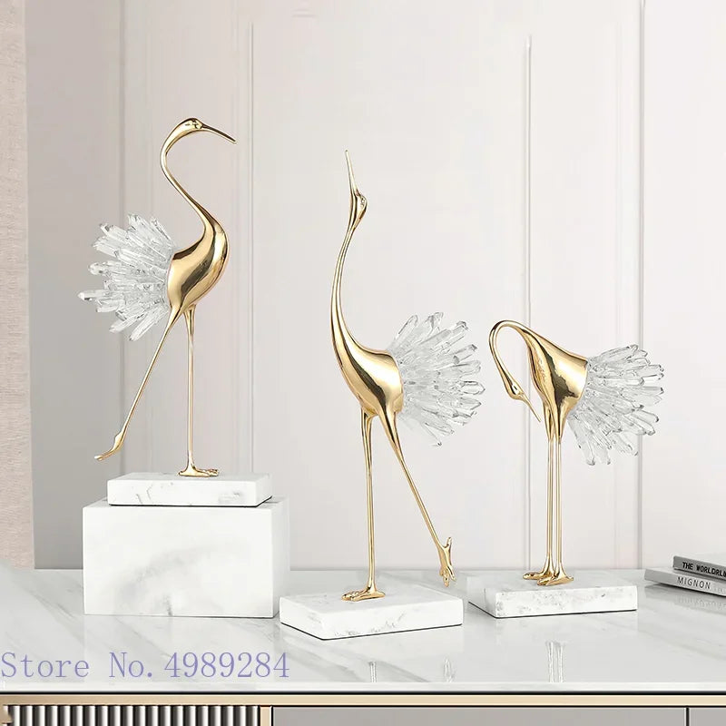 Afralia™ Crane Golden Bird Agate Marble Crystal Home Decor Craft Statue