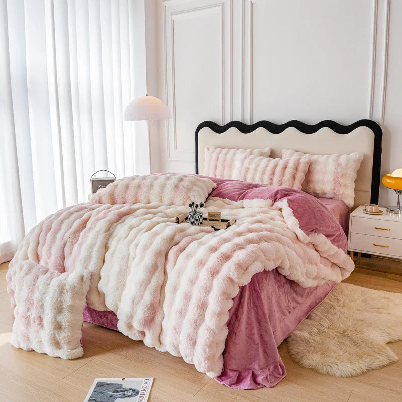 Afralia™ Velvet Faux Fur Bedding Set: Duvet, Sheet, Pillowcases - Gradient Warmth, Luxury Winter Collection