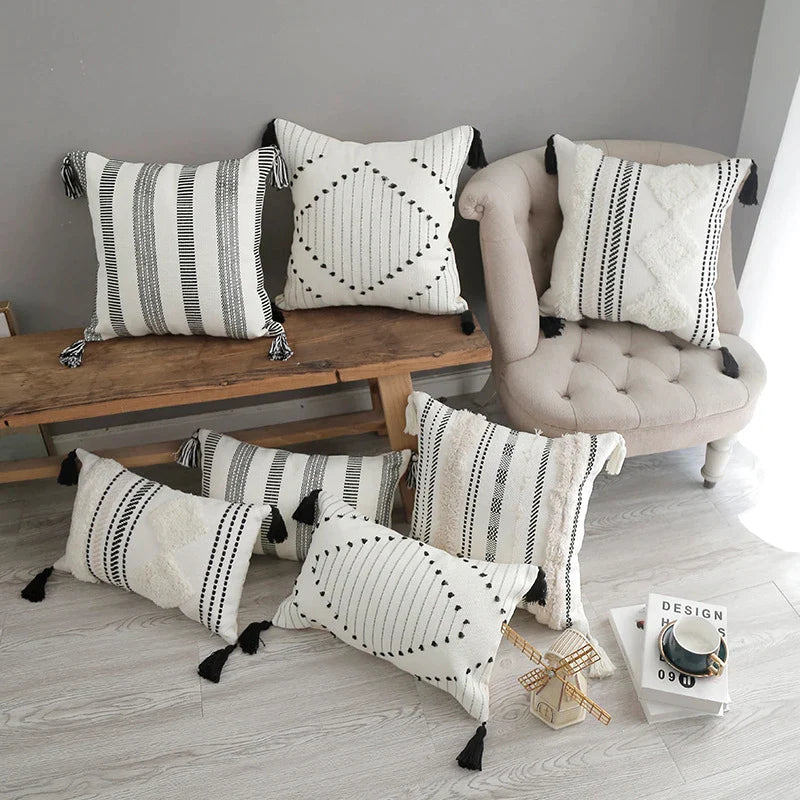 Afralia™ Tufted Diamond Lattice Tassel Pillowcase - Black & White Boho Style