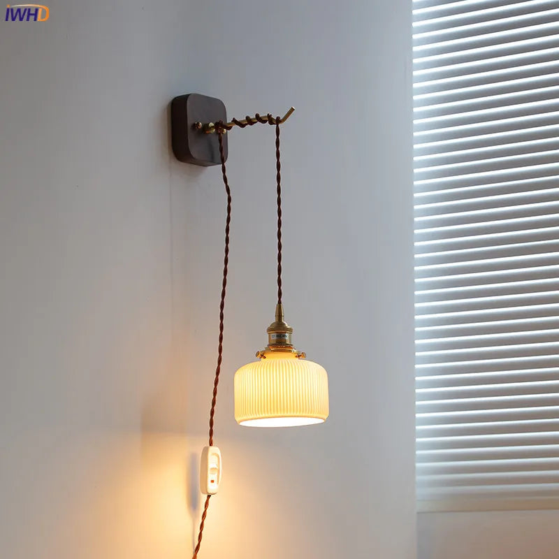 Afralia™ LED Wall Sconce Modern Japan Style Ceramic Lampshade Wooden Base Light