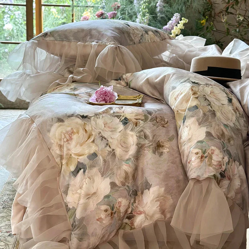 Afralia™ French Flowers Lace Ruffles Bedding Set with Silky Soft Lyocell Cotton