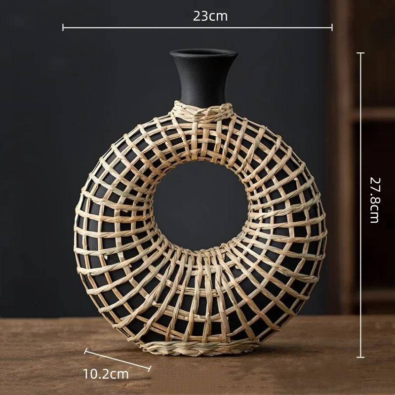 Afralia™ Rattan Vase: Geometric Ceramic & Straw Plaited Floral Arrangement Home Decor
