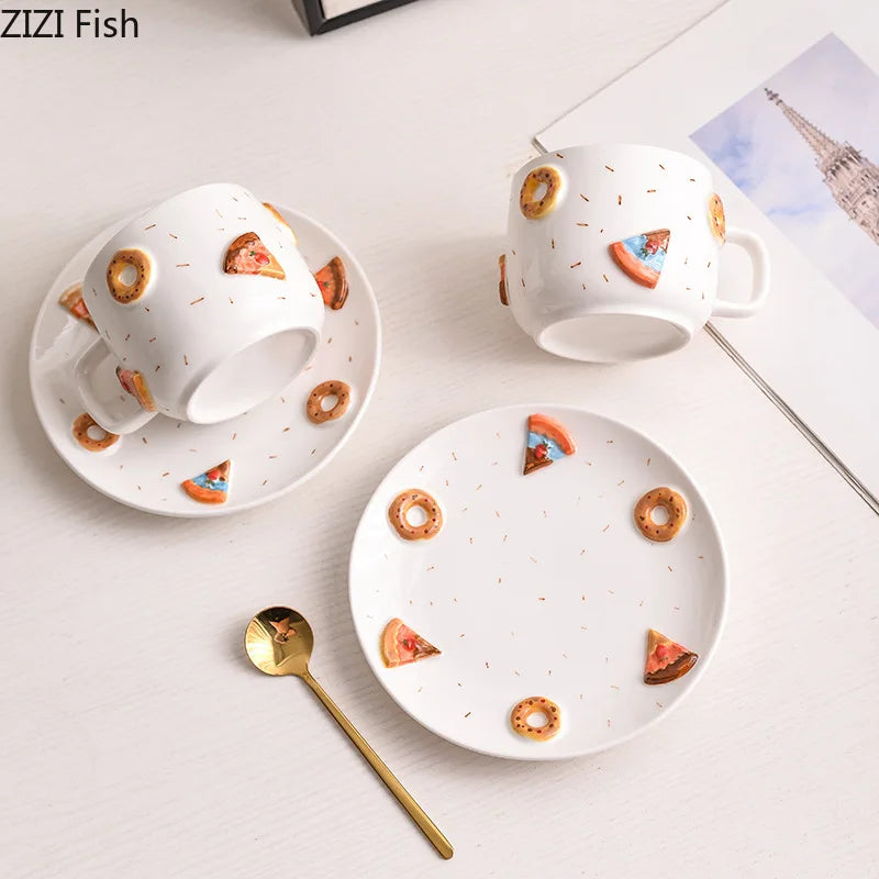 Afralia™ Pizza Donut Relief Ceramic Cup & Saucer Set for Dining Table Coffee Tea Milk Juice.
