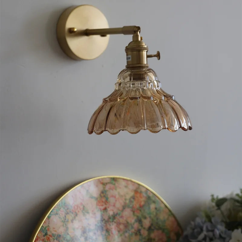 Afralia™ Flower Glass Pull Chain Wall Sconce, Rotatable Copper LED Stair Light