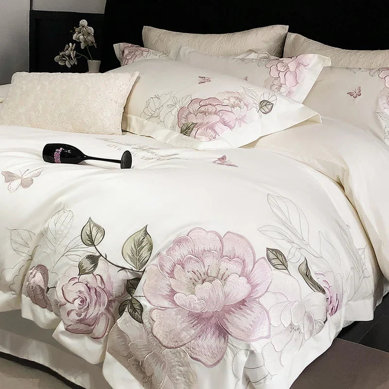 Afralia™ Butterfly Flowers Embroidery 600TC Egyptian Cotton Bedding Set: Duvet Cover, Bed Sheet, Pillowcases