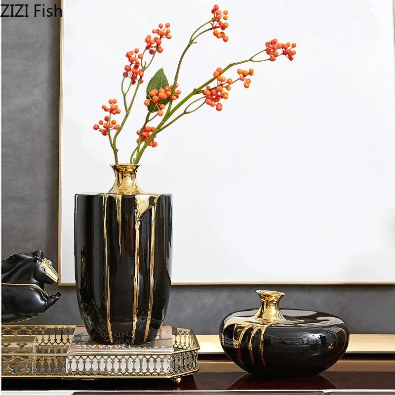 Afralia™ Elegant Black Gold Ceramic Vase for Modern Luxury Flower Decoration