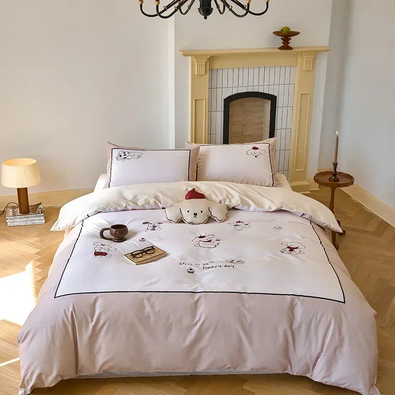 Afralia™ Luxury Embroidered Cotton Duvet Set with Sheet Quilt Pillowcases - Premium Bedding