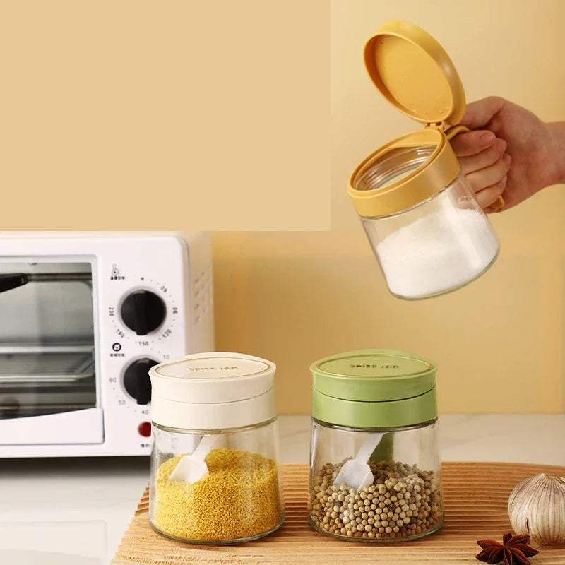 Afralia™ Glass Seasoning Jar with Spoon, Flip-Top Salt Shaker Kitchen Set