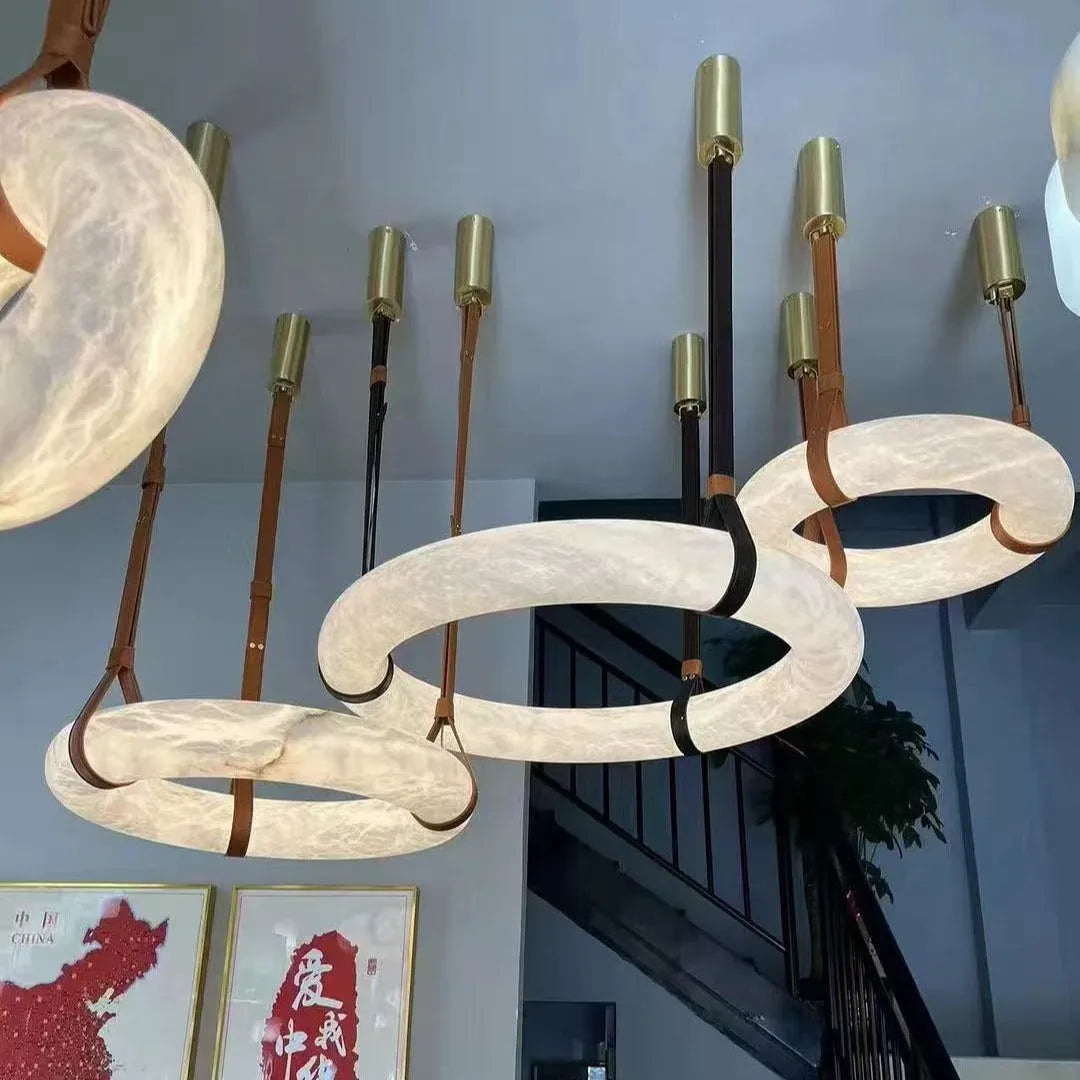 Afralia™ Modern Brown Leather Round Ring Lucite Pendant Light