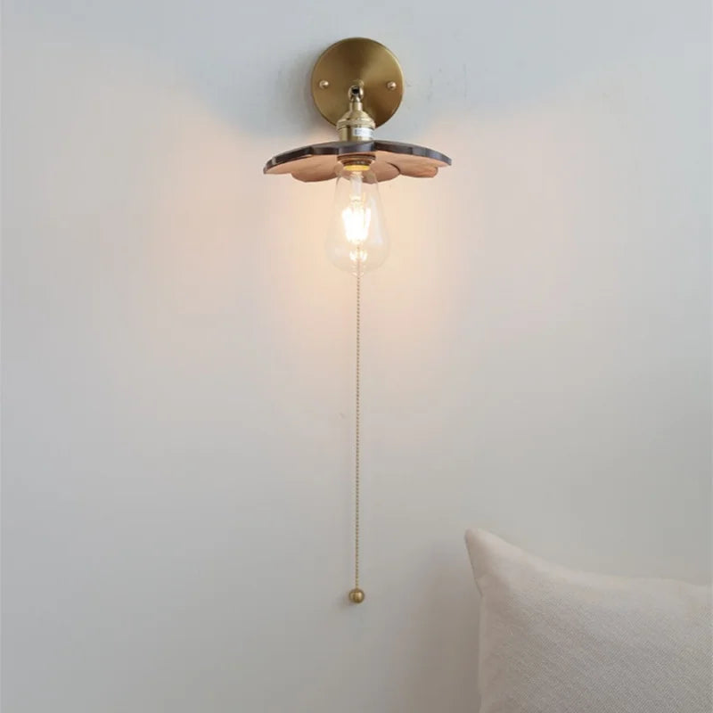 Afralia™ Walnut Wood LED Wall Sconce, Pull Chain Switch, Copper Socket, Bedroom Aisle Hallway