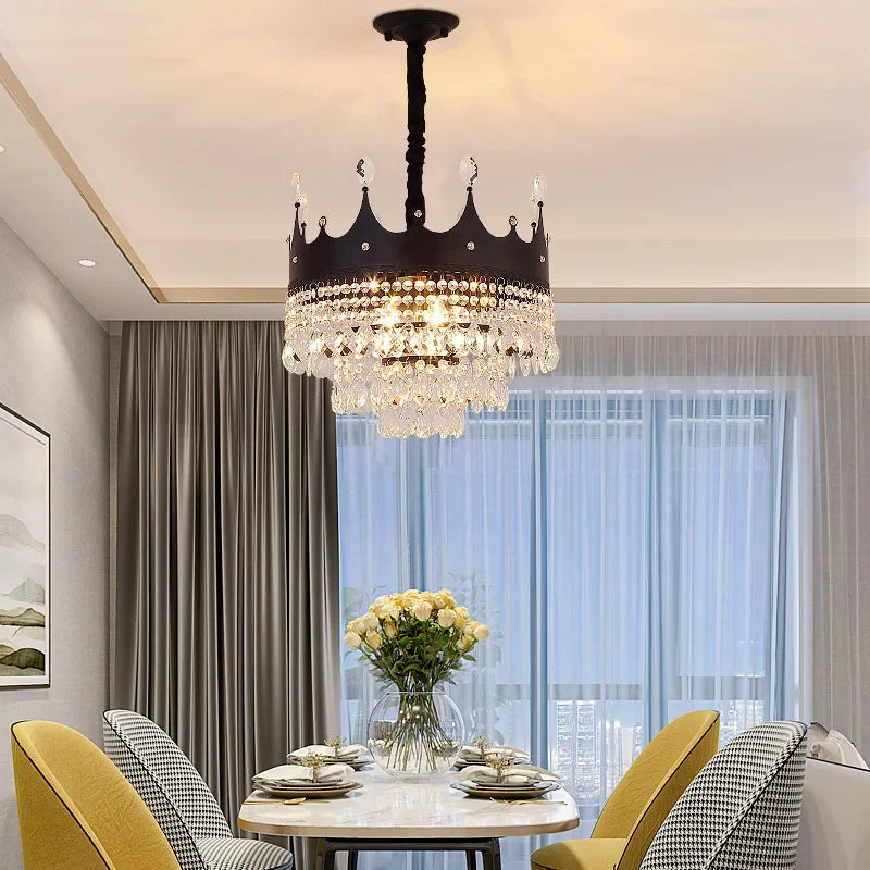 Afralia™ Matte Black/Gold Crown Chandelier for Dining Living Room Shop Fixture