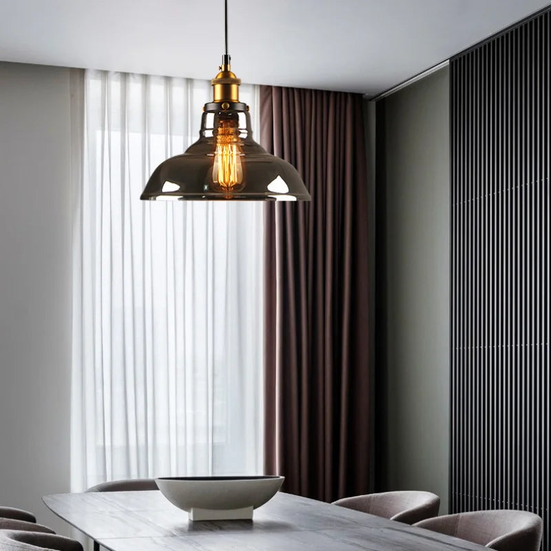 Afralia™ Loft Smoke Gray Glass LED Pendant Lamp - Vintage Brass Hanging Light