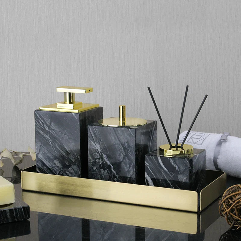 Afralia™ Tree Black Marble Bathroom Accessories Set: Toothbrush Holder, Soap Dispenser, Soap Dish